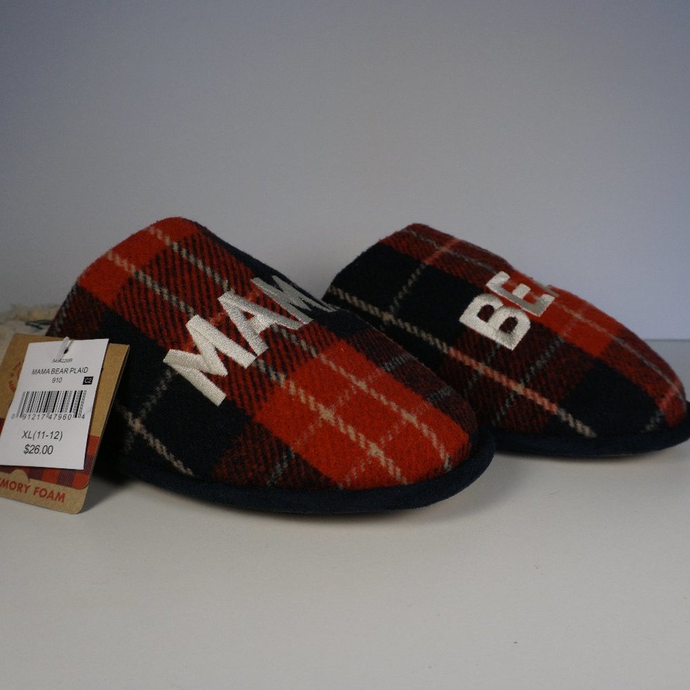 New Dearfoams Womens Mama Bear Slippers Plaid XL SZ 11-12 Memory Foam Sherpa